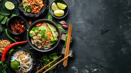 Wall Mural - Homemade Food. Top View of Delicious Asian Dinner in Stone Bowl with Chopsticks