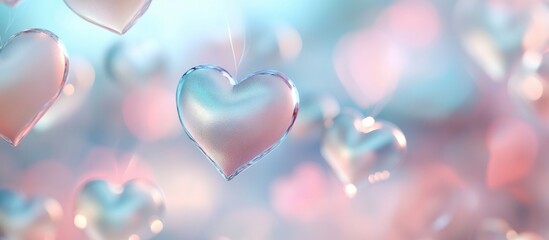 Poster - Blurred background related to Valentine s Day Valentine s Day card Soft pastel colors Multicolored white hearts wallpaper. with copy space image. Place for adding text or design