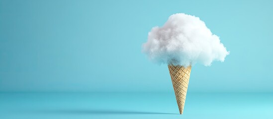 Aufkleber - White cloud resembling fluffy cotton sits atop an ice cream cone against a pastel blue background Represents the concept of icy cold weather. with copy space image. Place for adding text or design