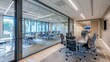 © Mohammad - A modern office environment with glass-walled meeting rooms visible from outside. Each room is equipped with ergonomic chairs and high-definition screens for video conferencing.