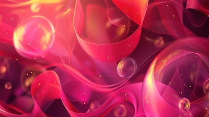 Vibrant abstract design featuring holographic objects in vivid deep pink and coral hues, highlighted with golden accents