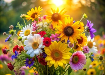 Wall Mural - Vibrant bouquet of colorful summer flowers including sunflowers, daisies, and cosmos, beautifully arranged against a soft, warm, and blurred natural outdoor background.