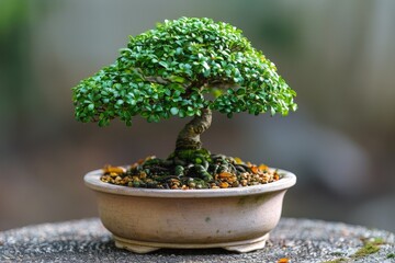 Wall Mural - Bonsai tree with smooth leaves and elegant form, highlighted by a neutral background to focus on its structure