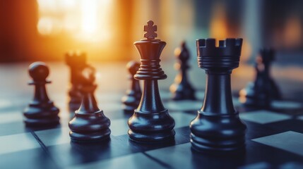 A close-up view of a chessboard featuring intricately designed black pieces, highlighted by warm lighting, creating an atmosphere of strategic tension and focus