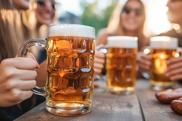 Friends drinking pintabeer on holidays in germany festive Oktoberfest. Germany holiday festival beer.