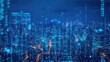 © arthit - City at night with neon blue lighting and streaming binary code. Illustration of high-tech data flow and cutting-edge digital innovation.