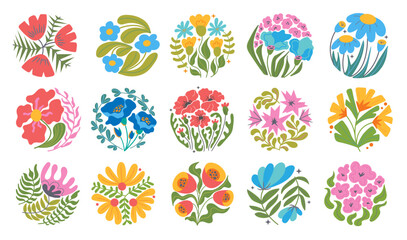 Wall Mural - groovy abstract flower set. organic botanic floral circle shapes in trendy naive retro hippie 60s 70