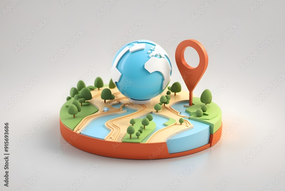 3D location folded paper map, search bar and pin isolated. Red GPS ...