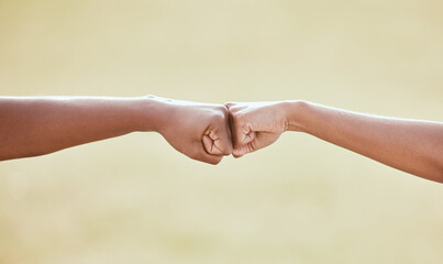 Sticker - Sport, people or fist bump with hands outdoor for game celebration, partnership or match victory. Tennis player, collaboration or team building for respect, greeting or agreement on field with mockup