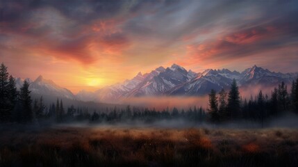 Wall Mural - Serene Mountain Landscape at Dusk With Vibrant Sky and Misty Valleys