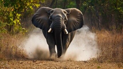 Wall Mural - A Majestic Elephant Charging Through a Dusty Path