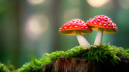 Two fly agarics close up on moss stump on blurred forest background with copy space