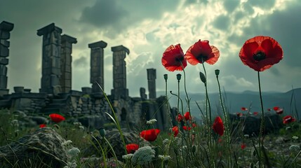 Wall Mural - Dramatic red poppies against a backdrop of ancient ruins.