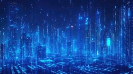 Neon blue city skyline with flowing binary code streams. Symbolizing cutting-edge technology and digital innovation in a futuristic setting.