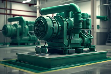 Industrial compressor machine in modern factory, green machinery in clean manufacturing facility, industrial equipment concept