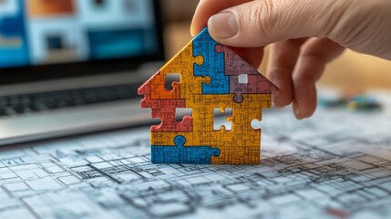 A hand holding a vibrant, house-shaped puzzle piece against a backdrop of architectural blueprints and a computer screen displaying real estate