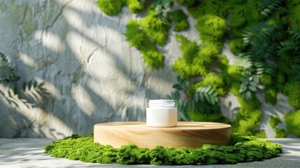 Poster - Premium natural eco cosmetic display on wooden round podium with plant leaf shadow on green moss background.