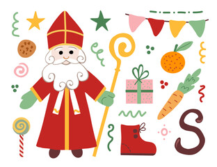 Sinterklaas in a red cassock and miter, staff in hand. Cookies and gifts, carrots, shoes. Garland with flags, stars. Festive set of simple elements. St. Nicholas Day.