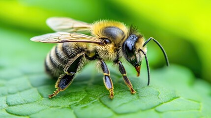 Wall Mural - A Macro View of a Bee Resting on a Green Leaf