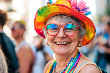 A cheerful elderly woman in a rainbow hat smiling at a Pride parade