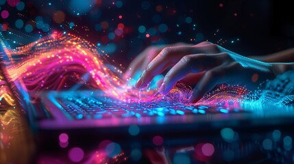 Hands typing with colorful digital flow
