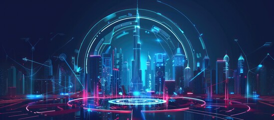 Wall Mural - Futuristic Cityscape with Neon Lights and Digital Interface