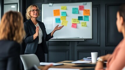 Fototapete - A dynamic businesswoman in a meeting, gesturing as she presents her ideas to colleagues, with a whiteboard in the background.