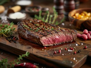 Wall Mural - Grilled Steak with Herbs and Spices on Wooden Board