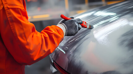 Repair and painting car car mechanic. Auto mechanic worker painting car in a paint chamber during repair work. Auto repairman plastering autobody bonnet.