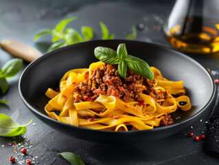 Poster - A Close-up of Fettuccine Pasta with Bolognese Sauce and Basil