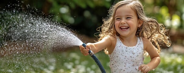 happy child girl running through the backyard, spraying water with a garden hose, laughter and joy f