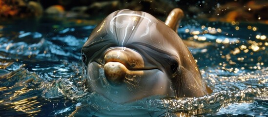 Close-up of a dolphin swimming in blue water