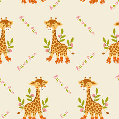 Wall Mural - Cute giraffe on rollers seamless pattern. African animal in flowers with lettering Have fun. Best for baby clothes, posters, fabric, wrapping paper, bed linen. Vector illustration in cartoon style