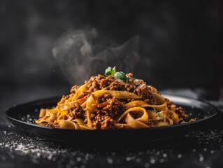 Poster - Steaming Plate of Fettuccine Bolognese with Basil Garnish