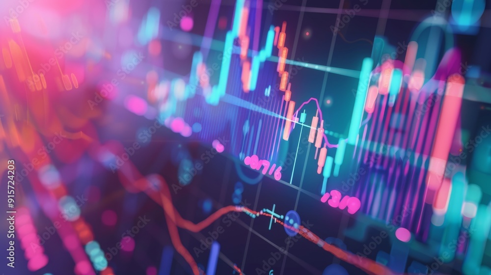Zoomed-in view of a stock trading chart, featuring colorful candlestick ...