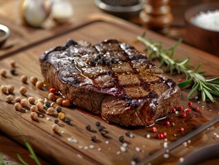 Wall Mural - Grilled Steak with Rosemary and Peppercorns on a Wooden Cutting Board