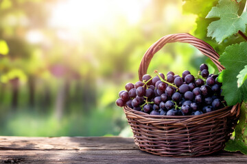 Wall Mural - Fresh organic grapes In a basket on a wooden table. Harvesting time, vineyard in the background