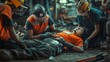 © fotofabrika - Emergency rescue workers perform first aid on an injured individual in a construction site accident during daylight hours