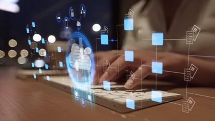 Wall Mural - businesswoman using computer, futuristic holographic interface on cloud, document folder and data sc