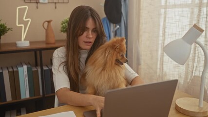 Sticker - A young hispanic woman working on a laptop with her pomeranian dog beside her in a cozy home interior.