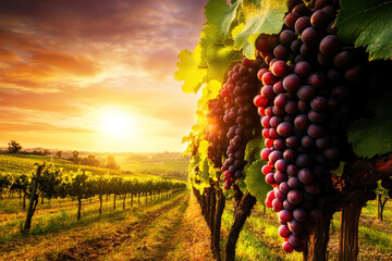 Wall Mural - Beautiful vineyard with fresh ripe grapes in countryside at sunset