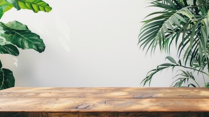 Poster - Wooden table top against white backdrop with leafy background for product display or design visual.