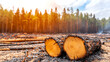 © stockpro - A serene forest landscape showing cut logs amidst a beautifully lit background, highlighting nature and environmental change.