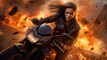 Wall Mural - Action shot with woman on the bike riding away from fire and explosion. Dynamic scene in action movie blockbuster style.