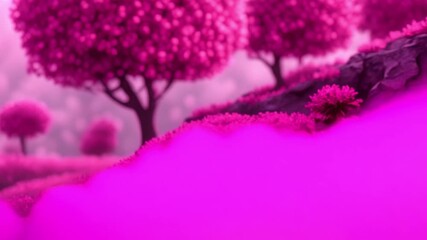 Wall Mural - Video of A 3D animation of a magical forest with glowing trees and sparkling flowers, a vibrant magenta background. The scene is in stunning 4k resolution, with enchanted creatures like fairies 