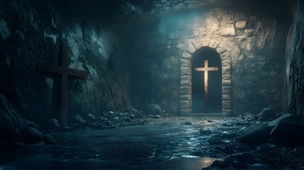 A cinematic shot of the tomb where Jesus was born, with an open door and cross on top, stone walls, stones scattered around, soft light