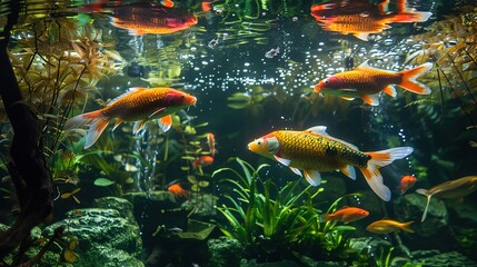 River pond decorative orange underwater fishes nishikigoi. Aquarium koi wildlife colorful landscape nature clear water