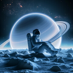 Wall Mural - a spaceman or astronaut sitting against a background of saturn planet