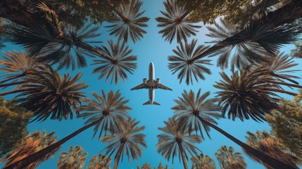 An airplane flight flying over palm trees with a clear blue sky, symbolizing travel, adventure, and tourism while exploring new destinations on vacation by plane