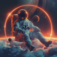 Wall Mural - spaceman or astronaut sitting, surrounded by neon lights